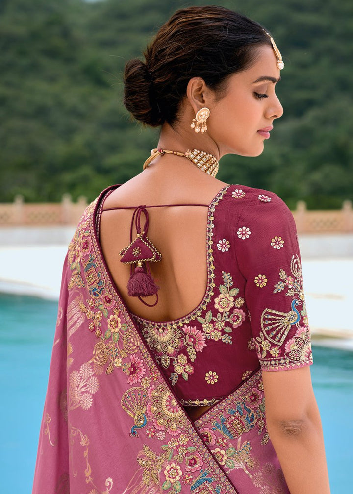 Mulberry Purple Viscose Silk Saree with Intricate Cutwork & Embroidery - House of Sarvati LLC