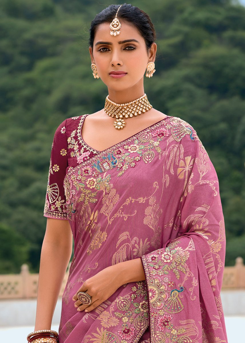 Mulberry Purple Viscose Silk Saree with Intricate Cutwork & Embroidery - House of Sarvati LLC