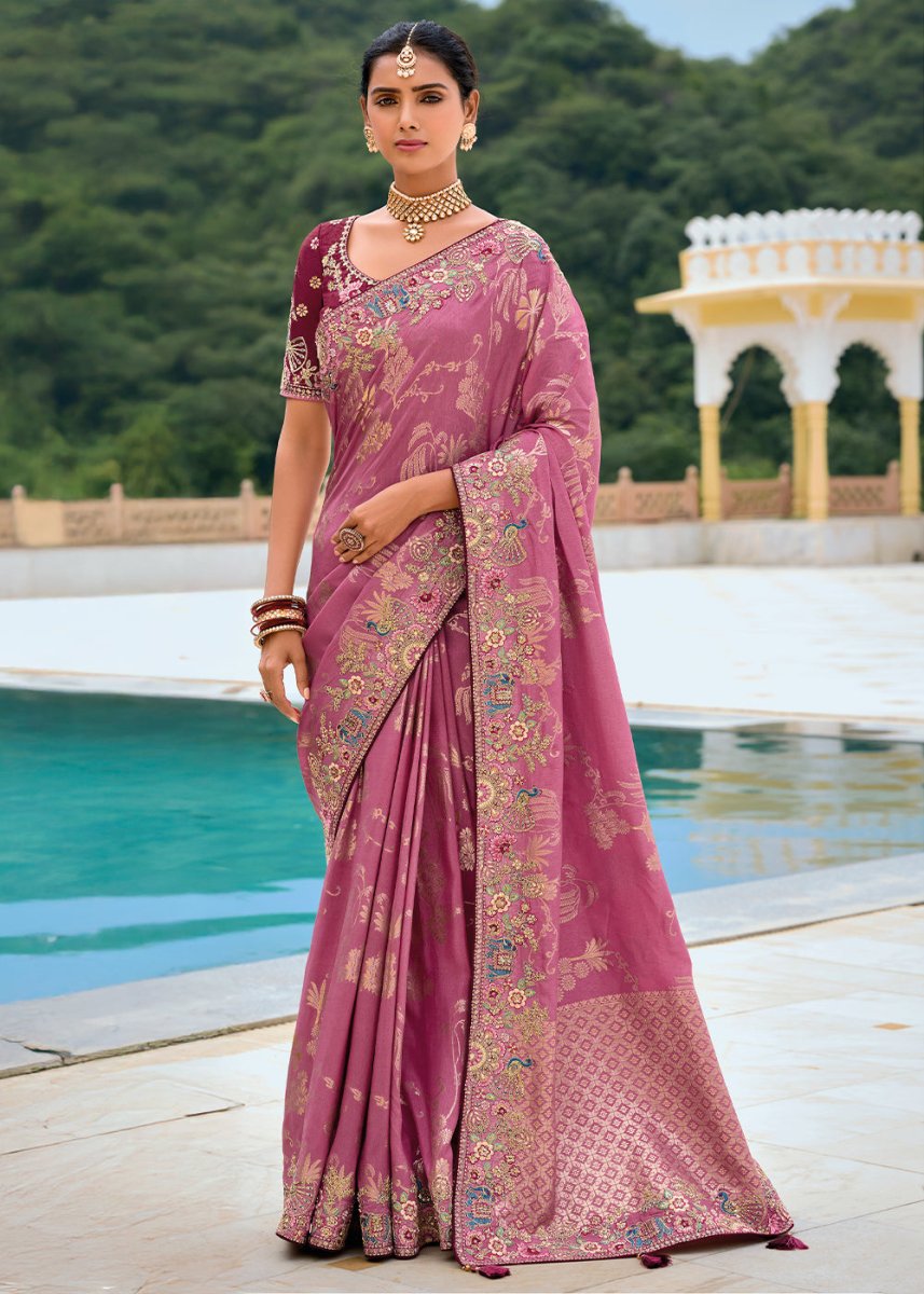 Mulberry Purple Viscose Silk Saree with Intricate Cutwork & Embroidery - House of Sarvati LLC