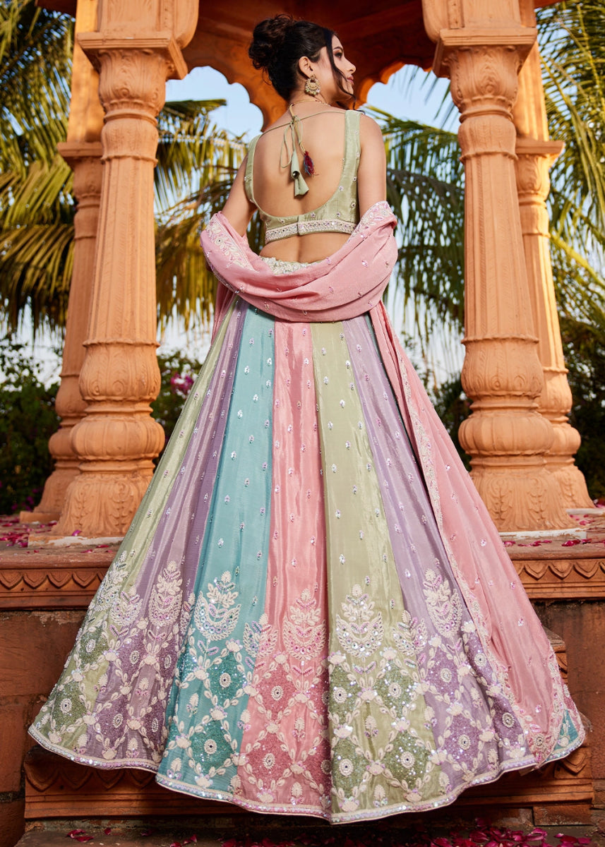 Multi Colored Chiffon Lehenga Featuring Exquisite Floral & Bead Work - House of Sarvati LLC