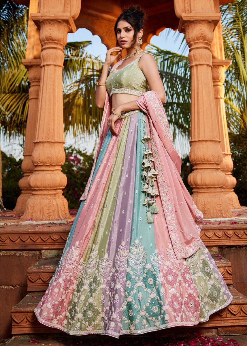 Multi Colored Chiffon Lehenga Featuring Exquisite Floral & Bead Work - House of Sarvati LLC