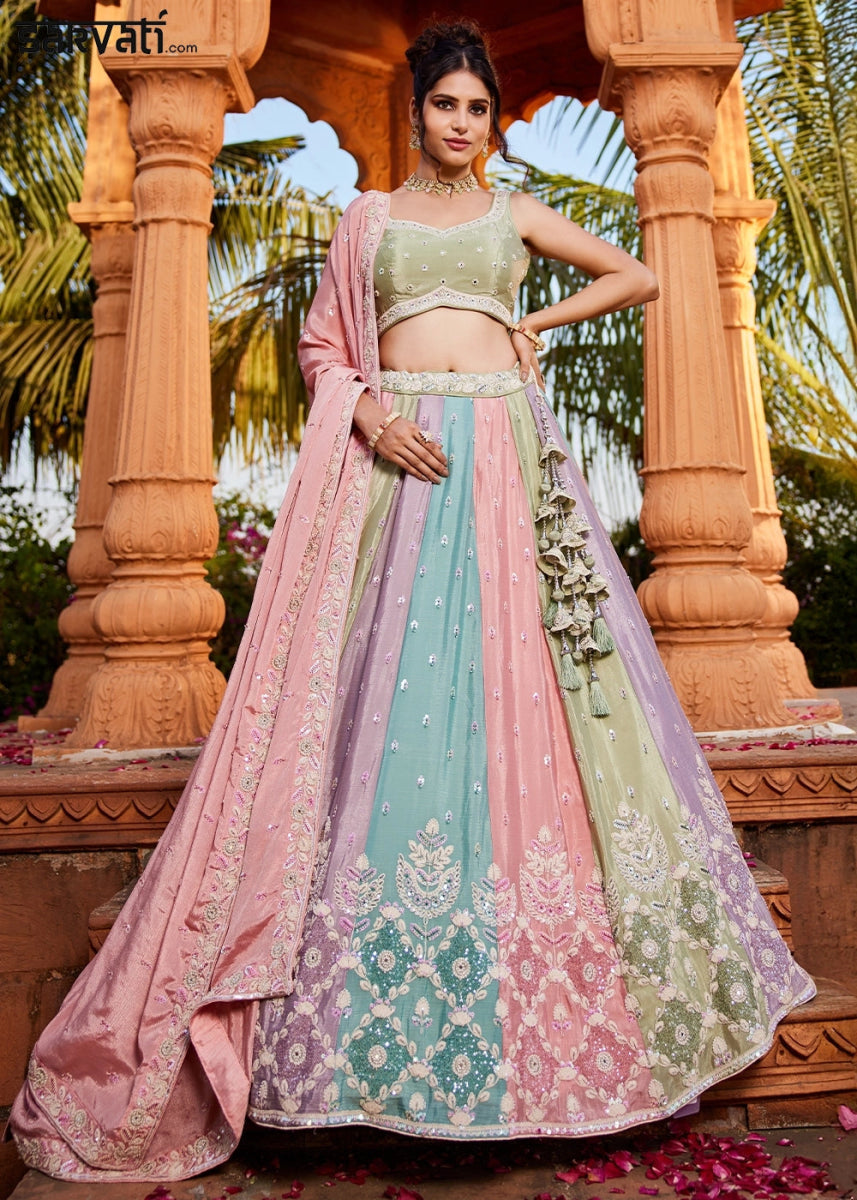 Multi Colored Chiffon Lehenga Featuring Exquisite Floral & Bead Work - House of Sarvati LLC