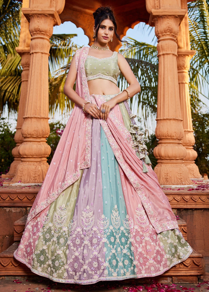 Multi Colored Chiffon Lehenga Featuring Exquisite Floral & Bead Work - House of Sarvati LLC