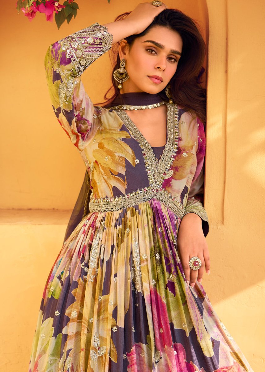 Multi Colored Embroidered Chinon Silk Anarkali with Floral Design - House of Sarvati LLC