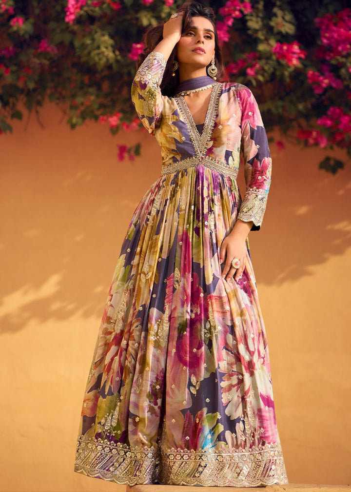 Multi Colored Embroidered Chinon Silk Anarkali with Floral Design - House of Sarvati LLC