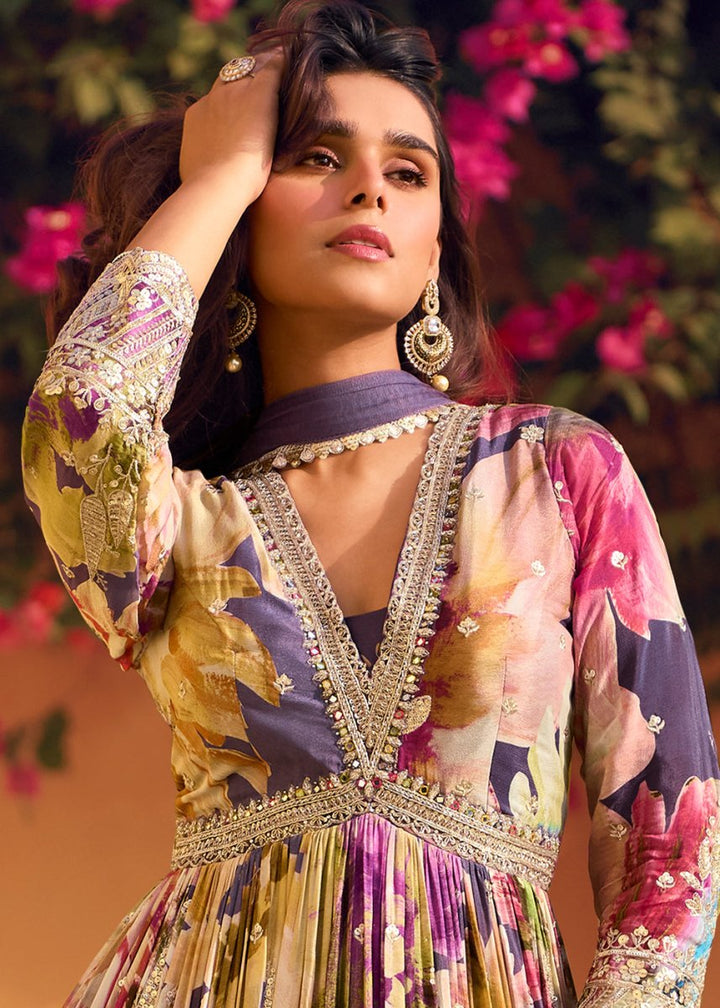 Multi Colored Embroidered Chinon Silk Anarkali with Floral Design - House of Sarvati LLC