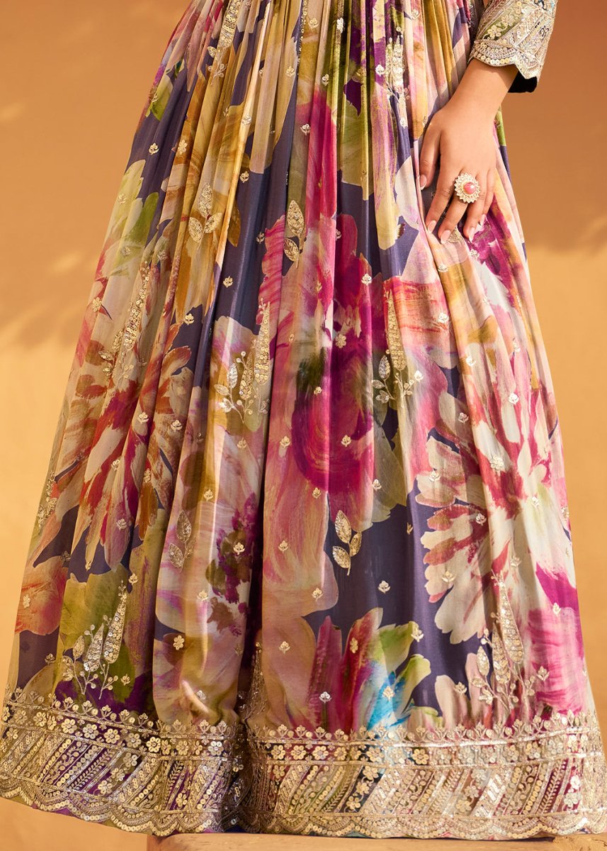 Multi Colored Embroidered Chinon Silk Anarkali with Floral Design - House of Sarvati LLC