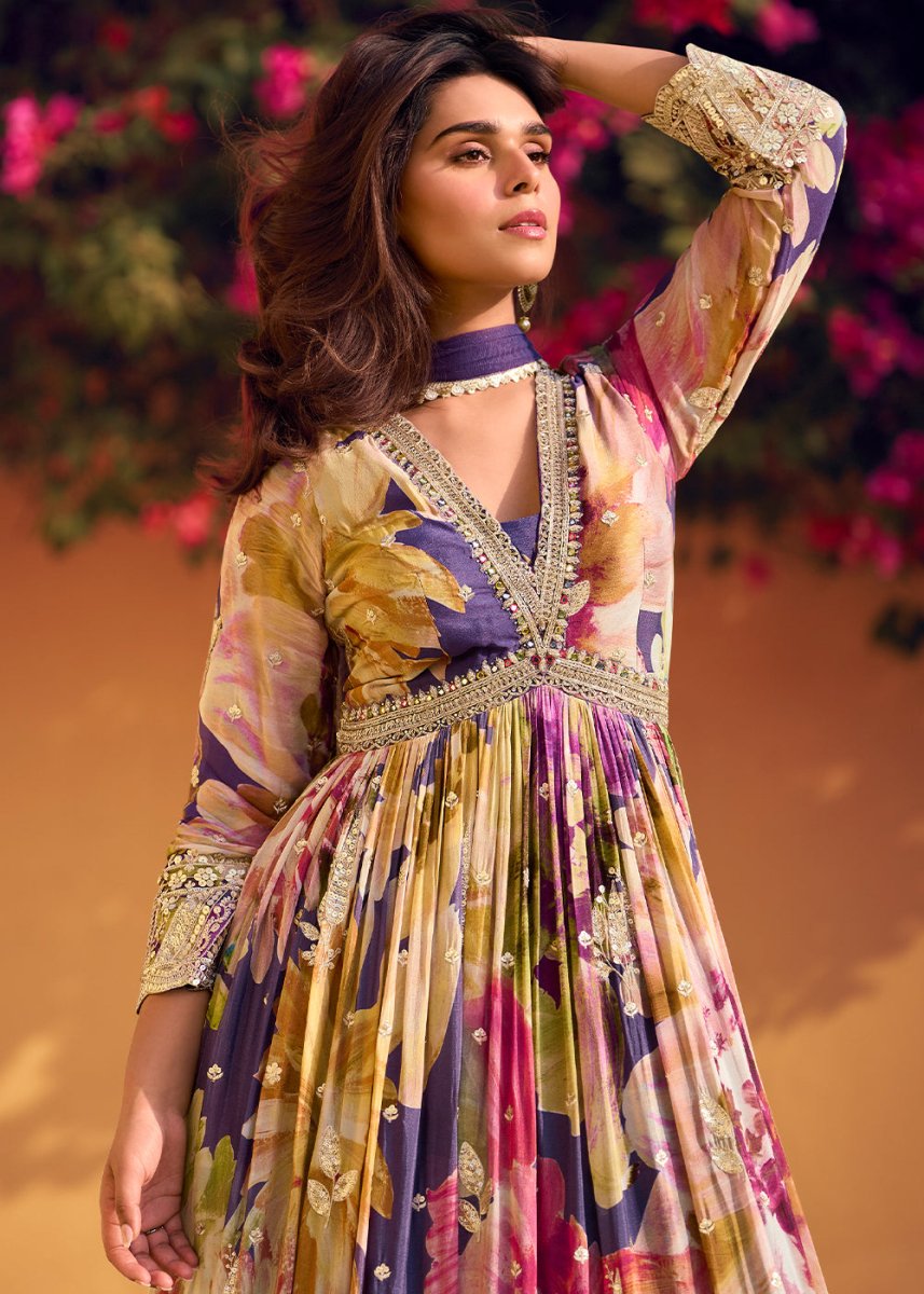 Multi Colored Embroidered Chinon Silk Anarkali with Floral Design - House of Sarvati LLC