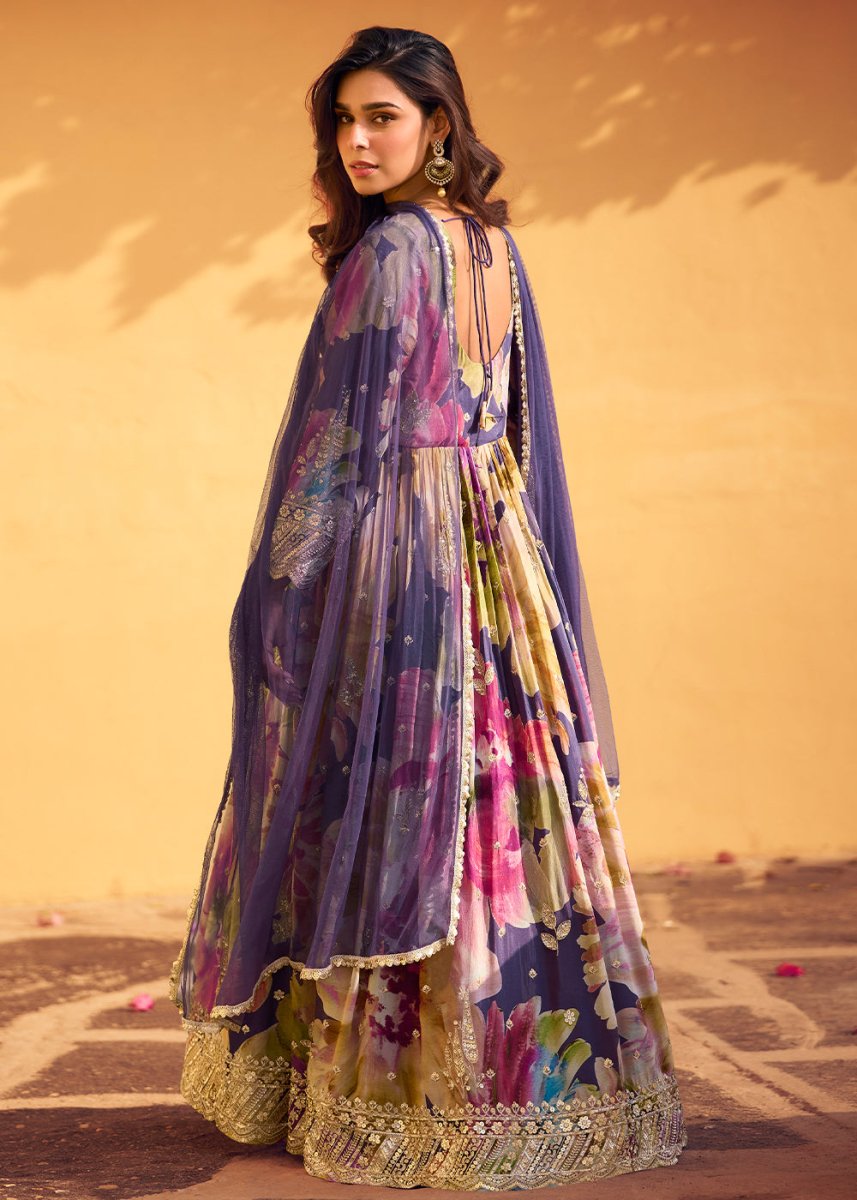 Multi Colored Embroidered Chinon Silk Anarkali with Floral Design - House of Sarvati LLC