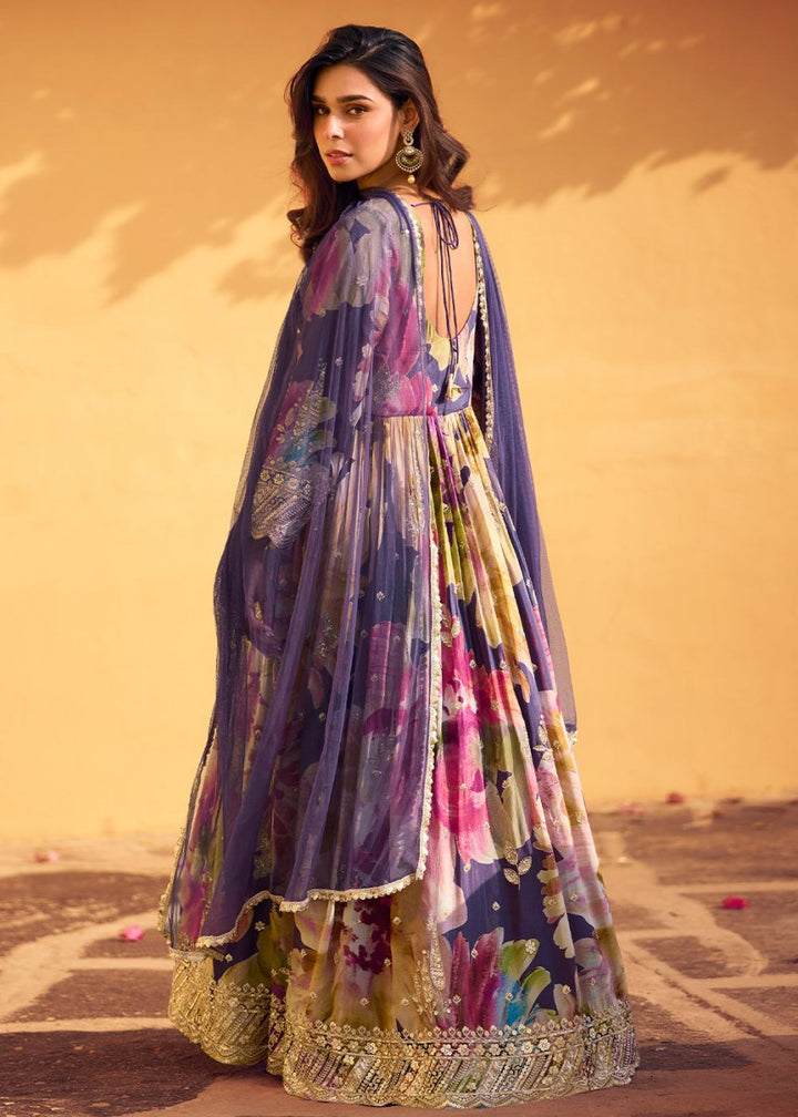 Multi Colored Embroidered Chinon Silk Anarkali with Floral Design - House of Sarvati LLC