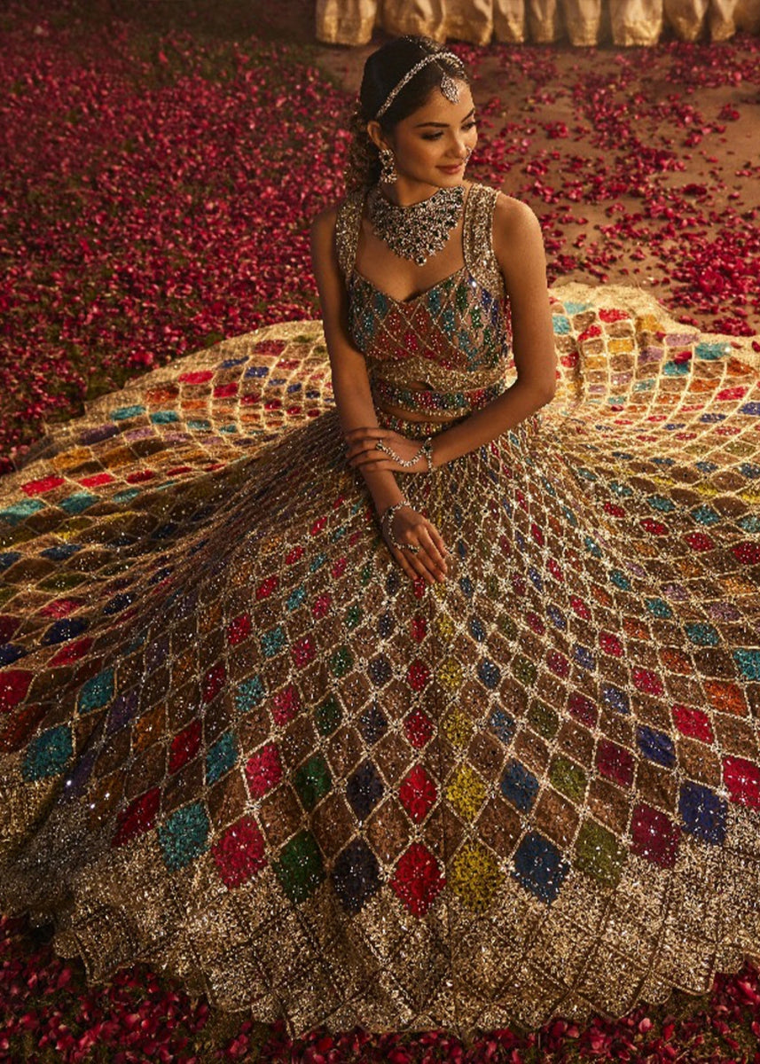 Multi colored Net Lehenga Choli with Embroidery and Sparkling Sequins Work - House of Sarvati LLC