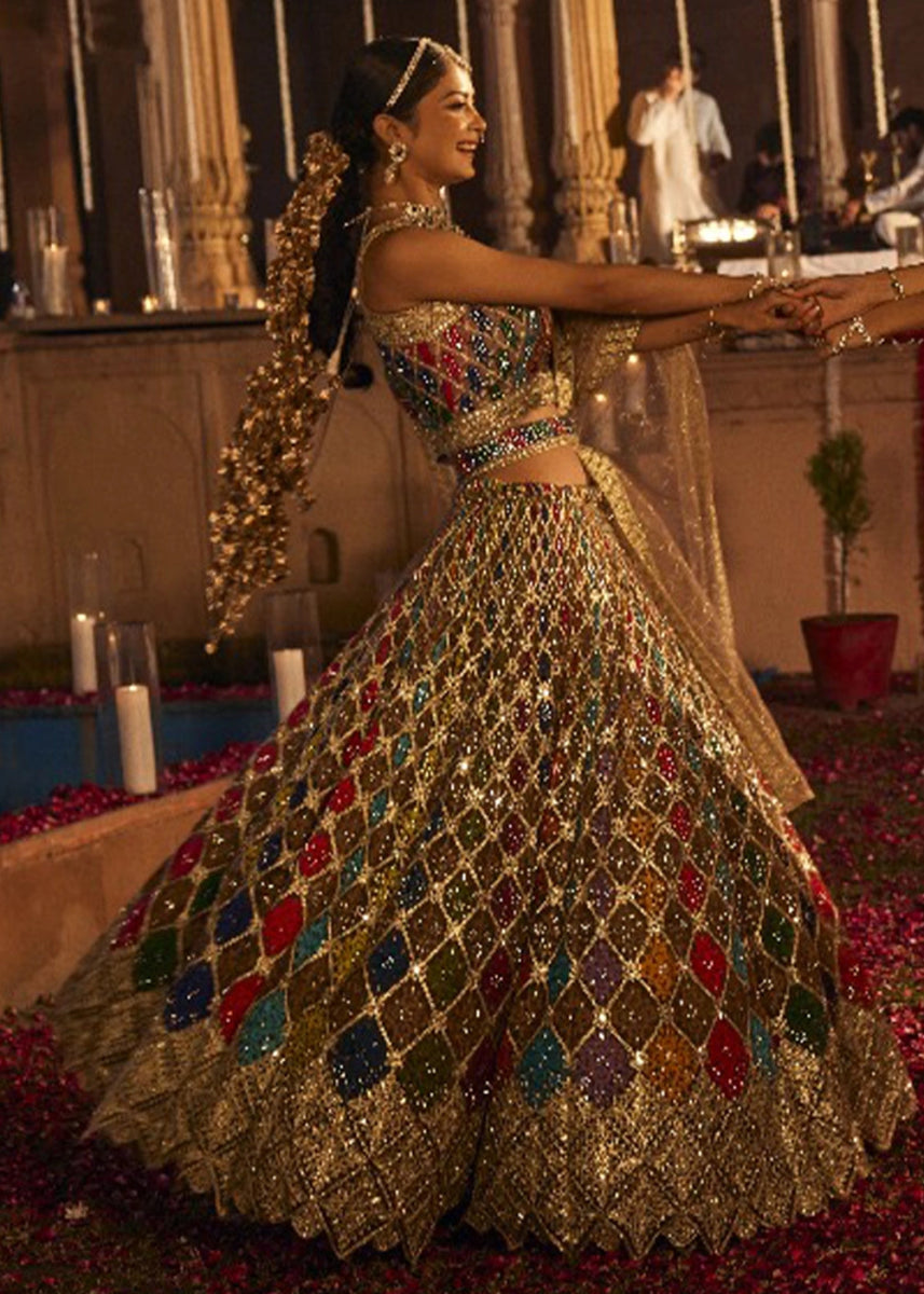 Multi colored Net Lehenga Choli with Embroidery and Sparkling Sequins Work - House of Sarvati LLC