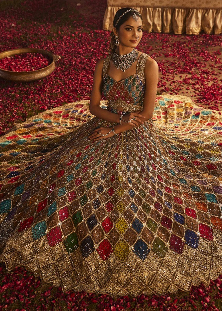 Multi colored Net Lehenga Choli with Embroidery and Sparkling Sequins Work - House of Sarvati LLC