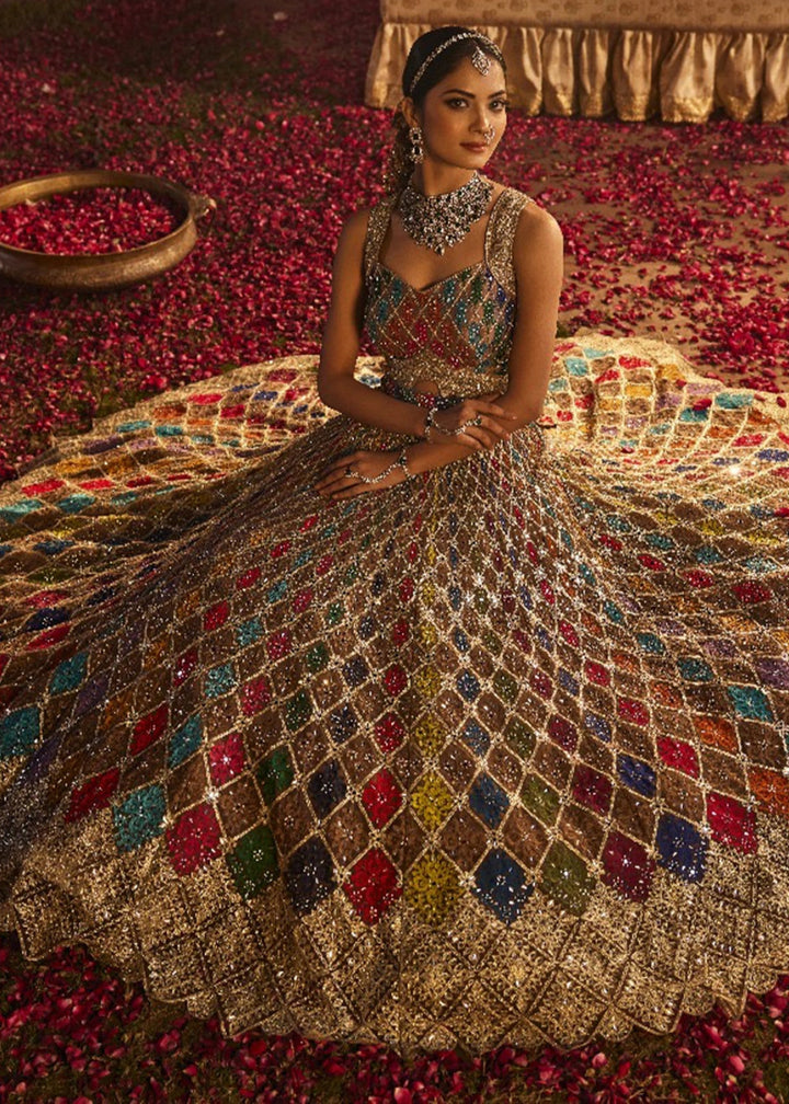 Multi colored Net Lehenga Choli with Embroidery and Sparkling Sequins Work - House of Sarvati LLC