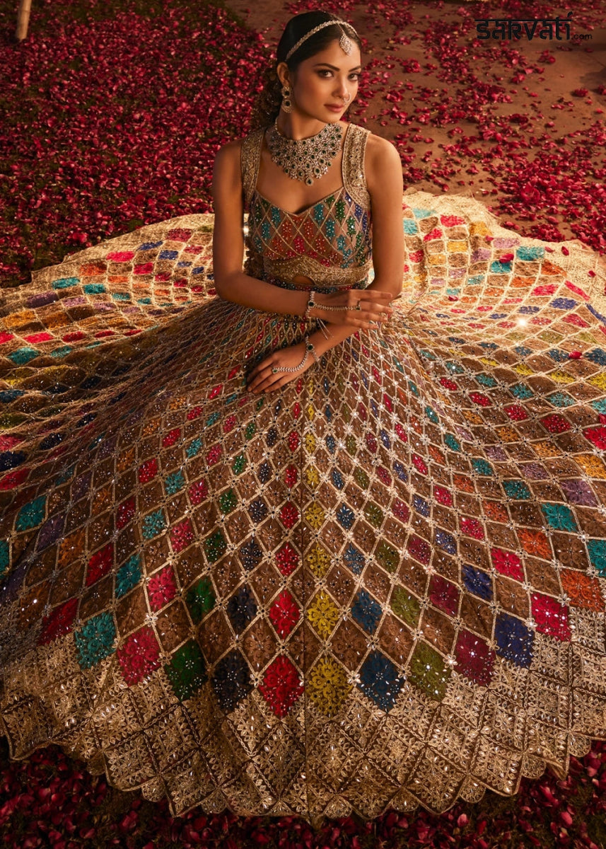 Multi colored Net Lehenga Choli with Embroidery and Sparkling Sequins Work - House of Sarvati LLC
