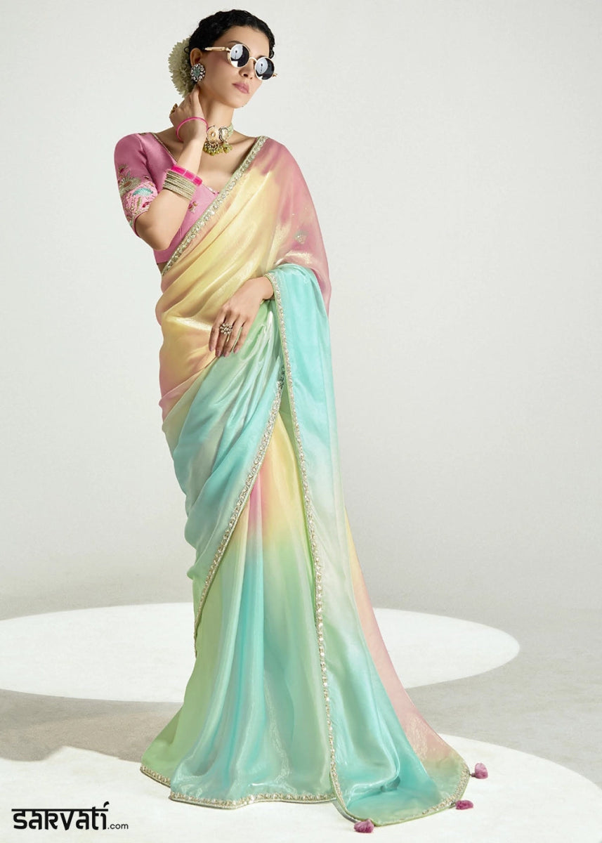 Multi Colored Organza Tissue Saree Paired with Embroidered Blouse - House of Sarvati LLC