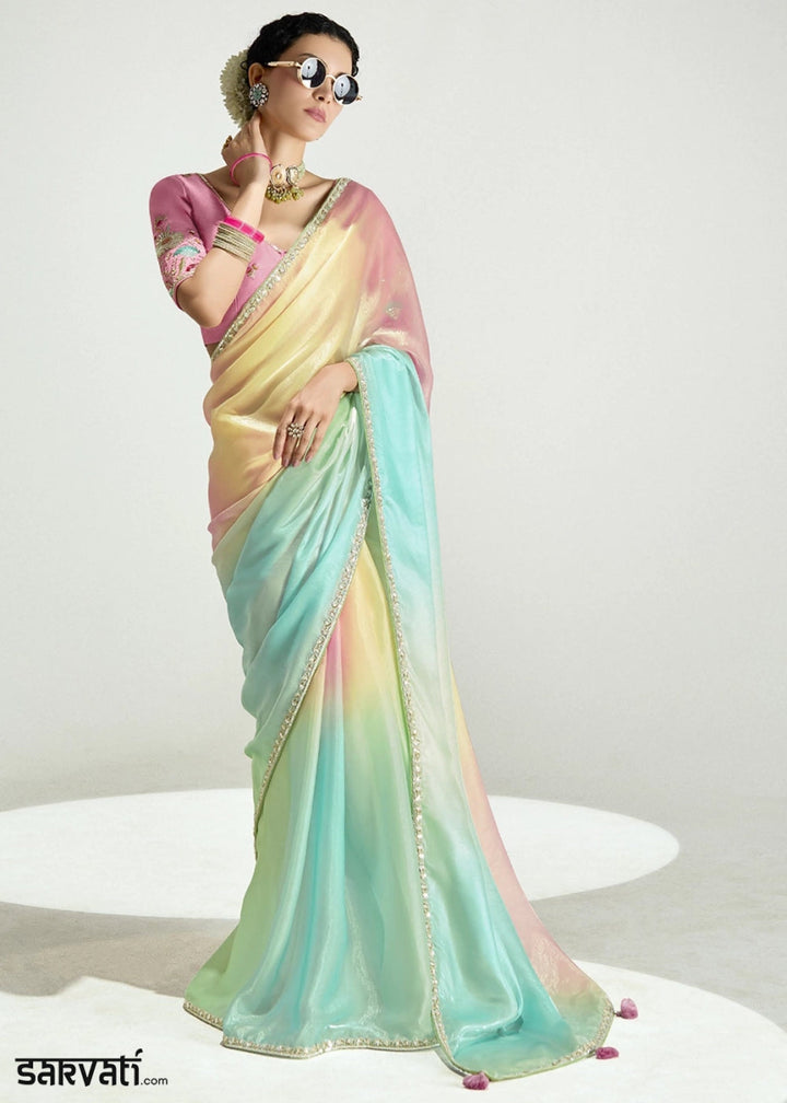 Multi Colored Organza Tissue Saree Paired with Embroidered Blouse - House of Sarvati LLC