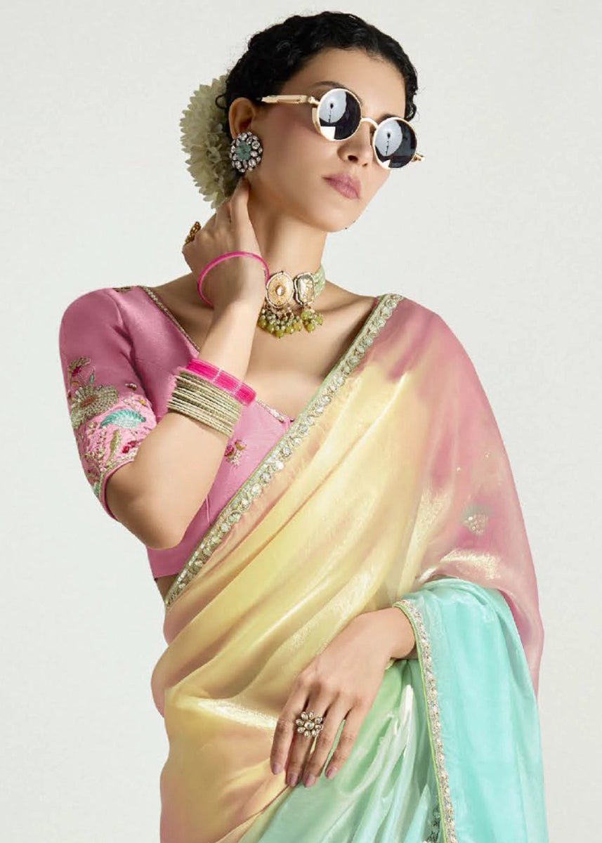 Multi Colored Organza Tissue Saree Paired with Embroidered Blouse - House of Sarvati LLC