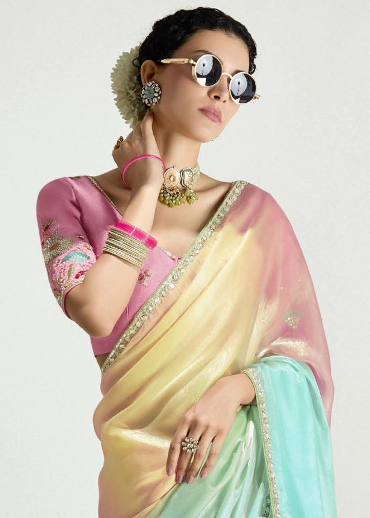 Multi Colored Organza Tissue Saree Paired with Embroidered Blouse - House of Sarvati LLC