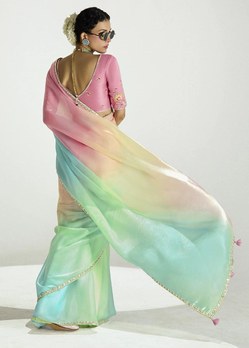 Multi Colored Organza Tissue Saree Paired with Embroidered Blouse - House of Sarvati LLC