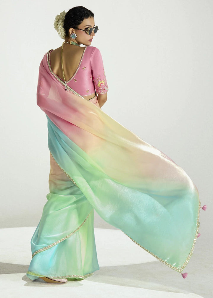 Multi Colored Organza Tissue Saree Paired with Embroidered Blouse - House of Sarvati LLC