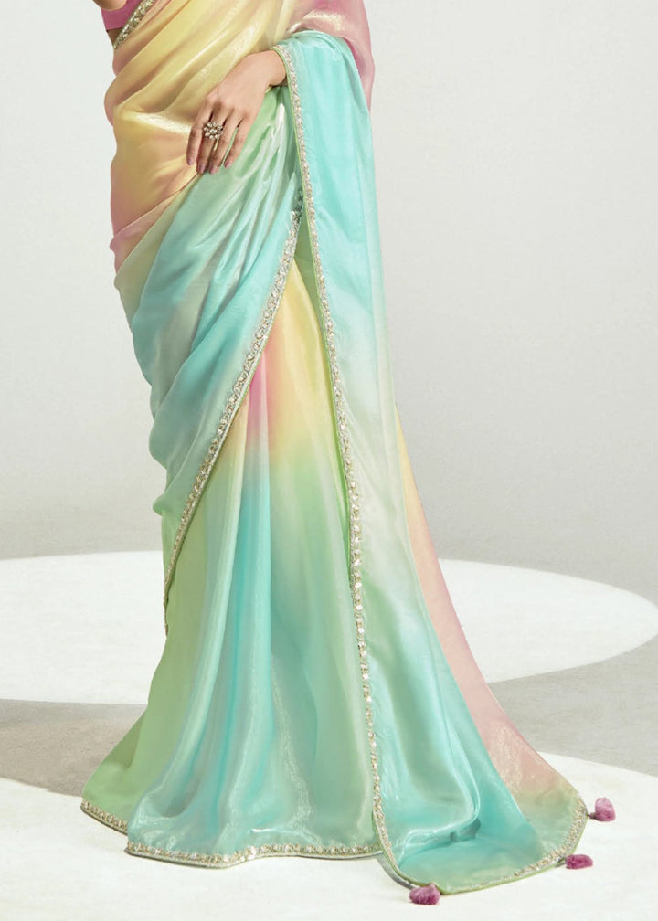 Multi Colored Organza Tissue Saree Paired with Embroidered Blouse - House of Sarvati LLC