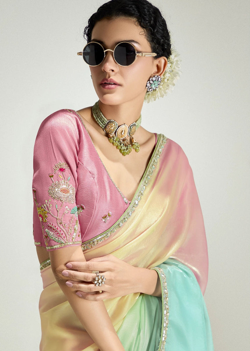 Multi Colored Organza Tissue Saree Paired with Embroidered Blouse - House of Sarvati LLC