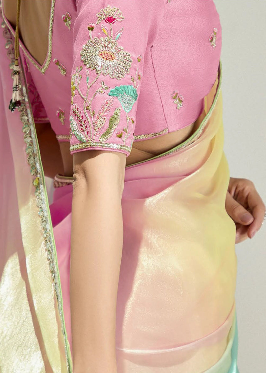 Multi Colored Organza Tissue Saree Paired with Embroidered Blouse - House of Sarvati LLC
