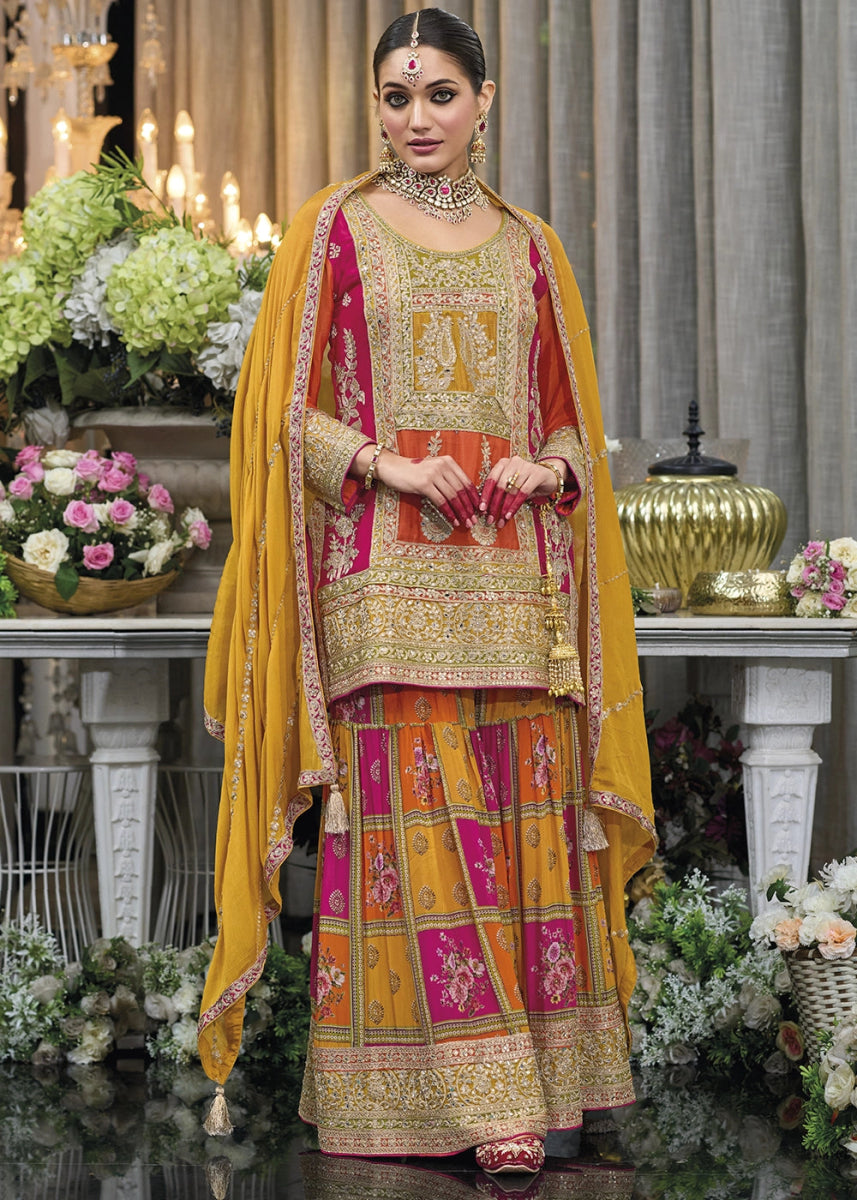 Multi - Colored Palazzo Suit in Chinon Silk with Fine Embroidery - House of Sarvati LLC