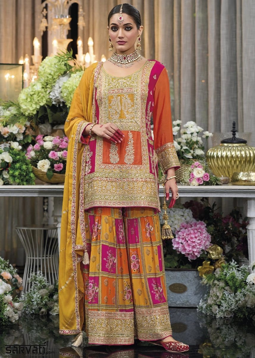 Multi - Colored Palazzo Suit in Chinon Silk with Fine Embroidery - House of Sarvati LLC