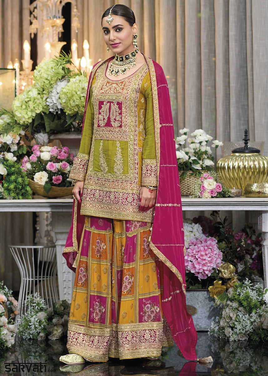 Multi - Colored Palazzo Suit in Chinon Silk with Fine Embroidery - House of Sarvati LLC