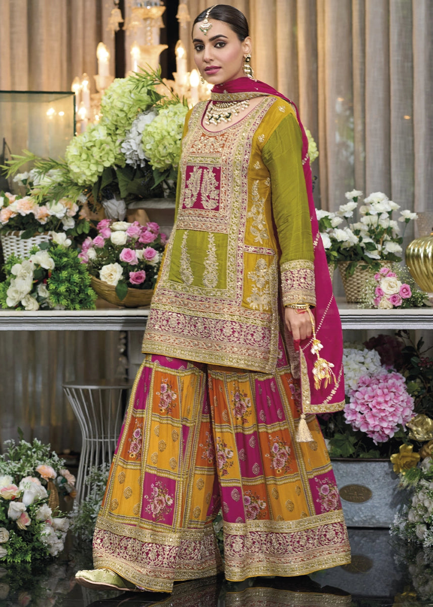 Multi - Colored Palazzo Suit in Chinon Silk with Fine Embroidery - House of Sarvati LLC