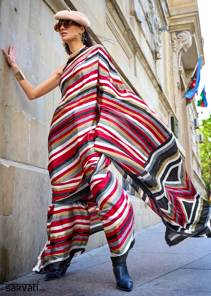Multi Colored Stripes Lightweight Printed Saree in Satin Crepe - House of Sarvati LLC