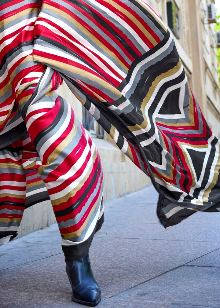 Multi Colored Stripes Lightweight Printed Saree in Satin Crepe - House of Sarvati LLC