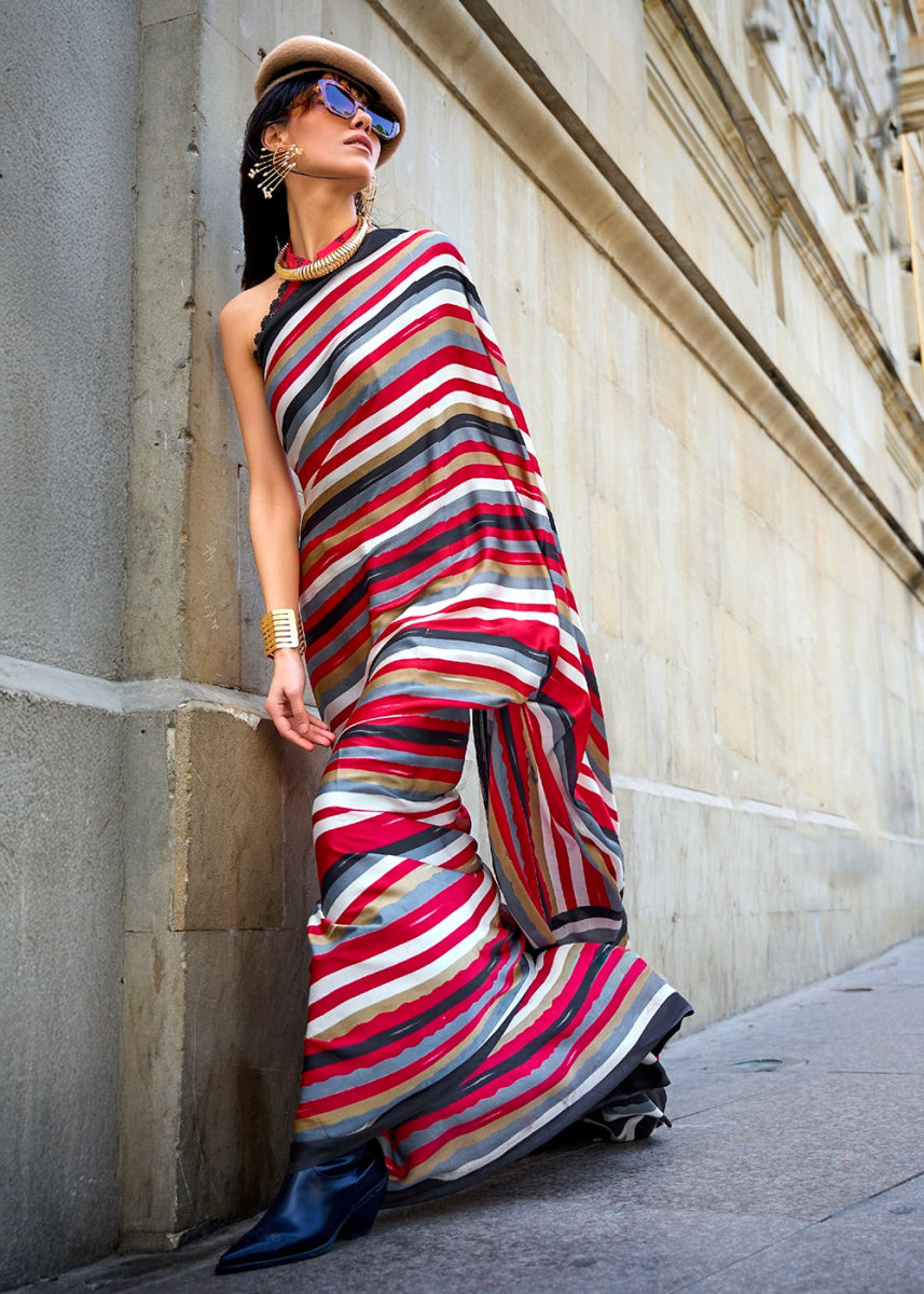 Multi Colored Stripes Lightweight Printed Saree in Satin Crepe - House of Sarvati LLC