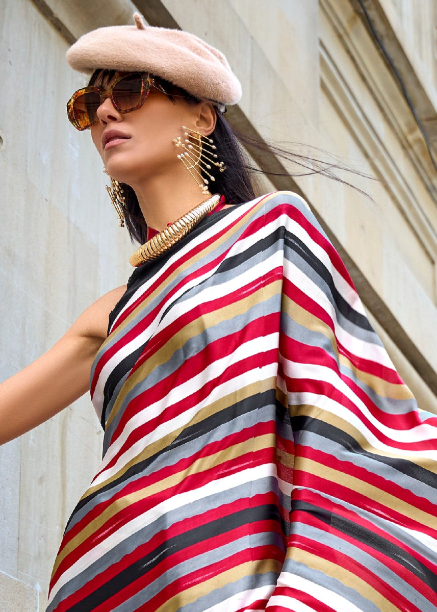 Multi Colored Stripes Lightweight Printed Saree in Satin Crepe - House of Sarvati LLC