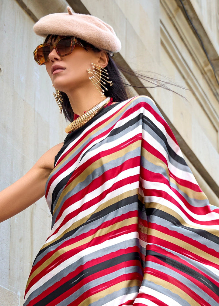 Multi Colored Stripes Lightweight Printed Saree in Satin Crepe - House of Sarvati LLC