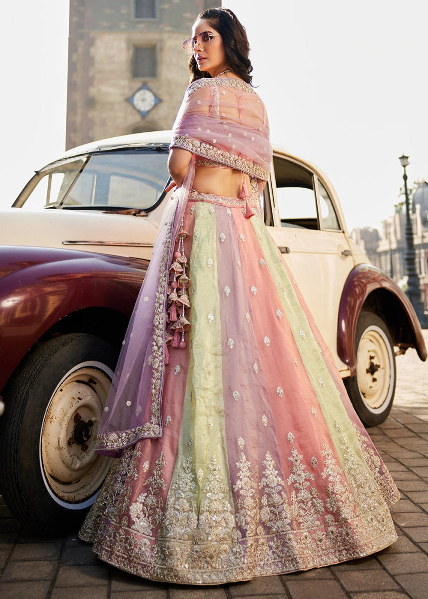 Multi Colored Tissue Lehenga with Ornate Beads & Stone Handwork - House of Sarvati LLC