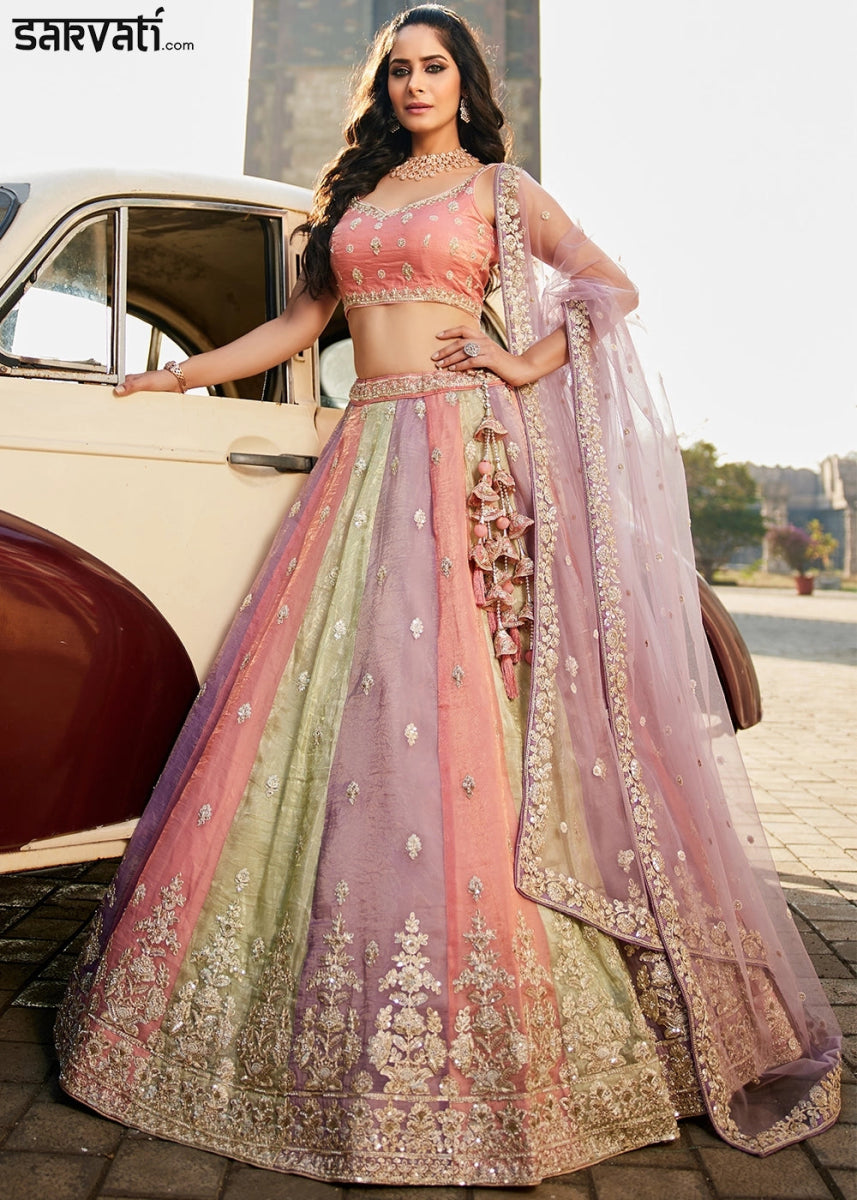 Multi Colored Tissue Lehenga with Ornate Beads & Stone Handwork - House of Sarvati LLC