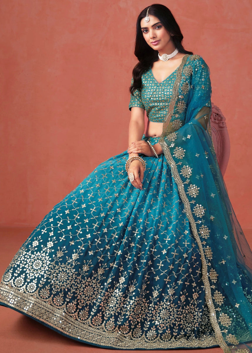 Multi - Tone Blue Lehenga Choli in Georgette with Sequin Zari Work - House of Sarvati LLC