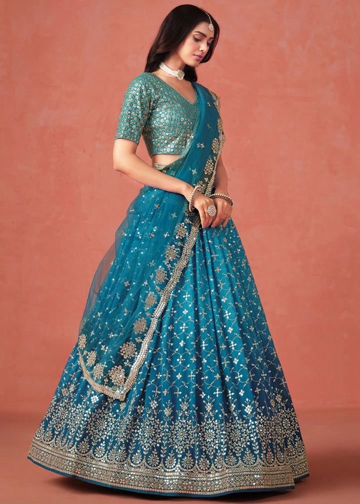 Multi - Tone Blue Lehenga Choli in Georgette with Sequin Zari Work - House of Sarvati LLC