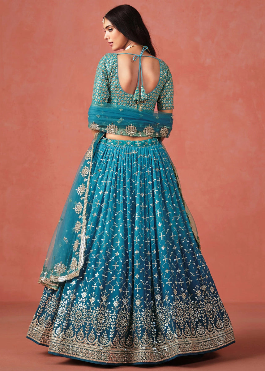 Multi - Tone Blue Lehenga Choli in Georgette with Sequin Zari Work - House of Sarvati LLC
