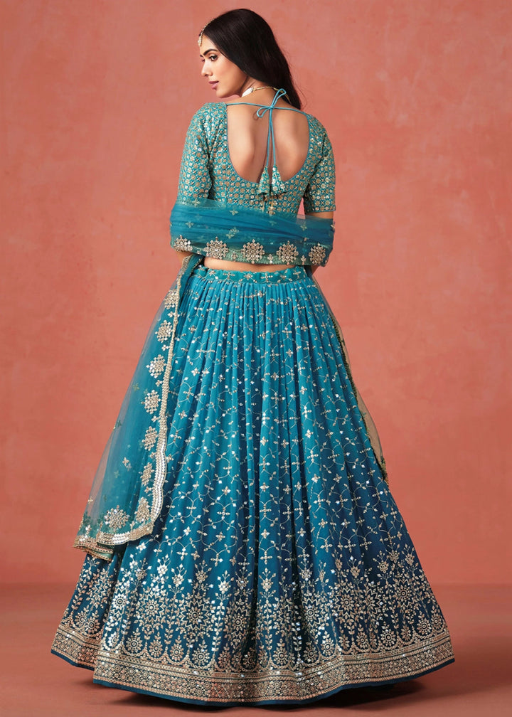 Multi - Tone Blue Lehenga Choli in Georgette with Sequin Zari Work - House of Sarvati LLC