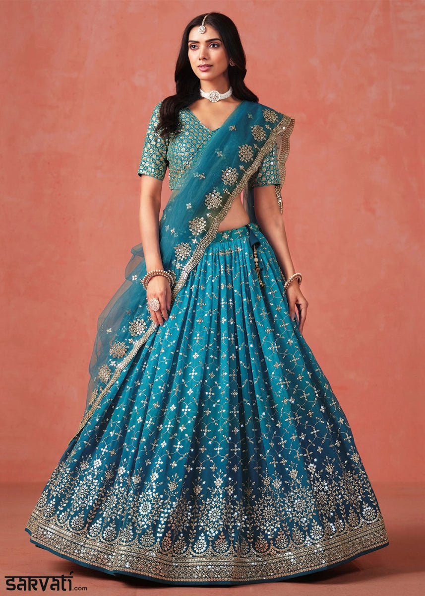 Multi - Tone Blue Lehenga Choli in Georgette with Sequin Zari Work - House of Sarvati LLC