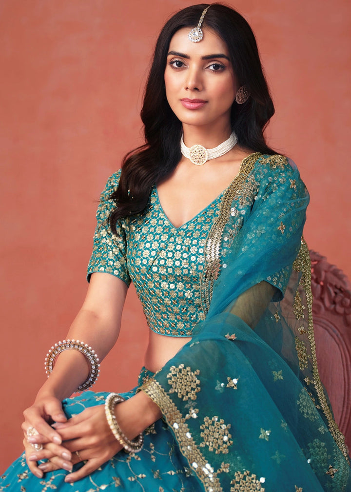 Multi - Tone Blue Lehenga Choli in Georgette with Sequin Zari Work - House of Sarvati LLC