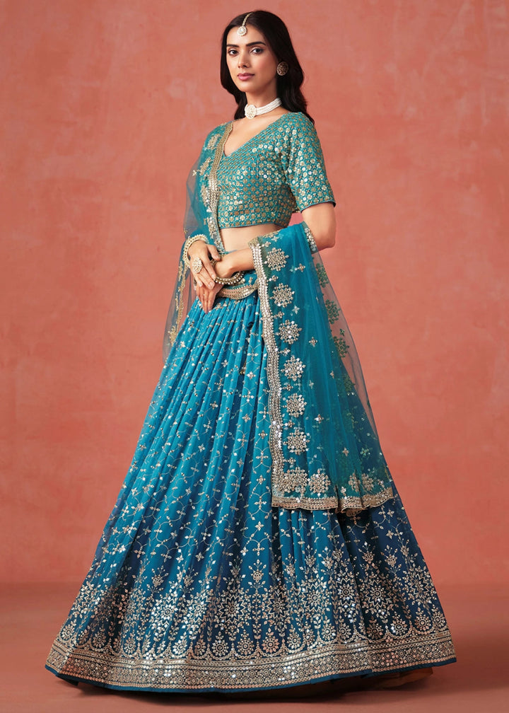 Multi - Tone Blue Lehenga Choli in Georgette with Sequin Zari Work - House of Sarvati LLC