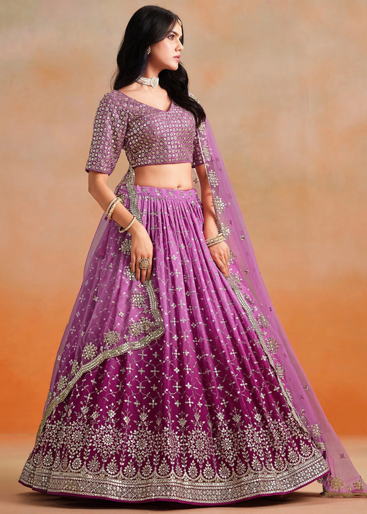 Multi - Tone Purple Lehenga Choli in Georgette with Sequin Zari Work - House of Sarvati LLC