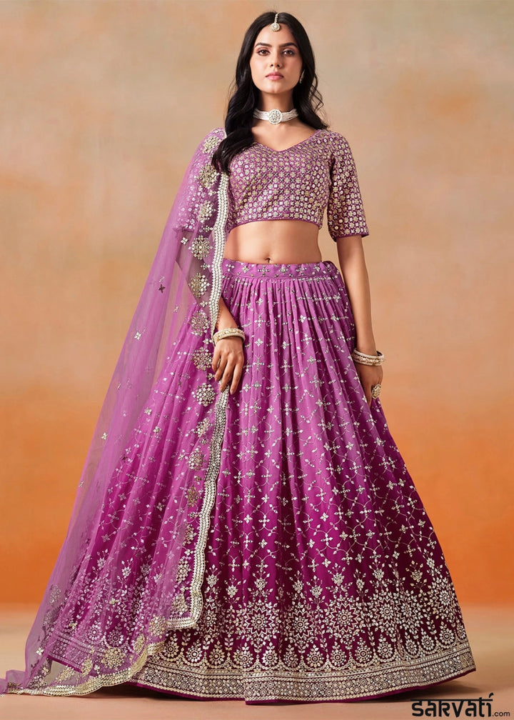 Multi - Tone Purple Lehenga Choli in Georgette with Sequin Zari Work - House of Sarvati LLC
