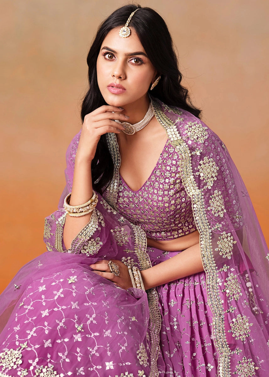 Multi - Tone Purple Lehenga Choli in Georgette with Sequin Zari Work - House of Sarvati LLC