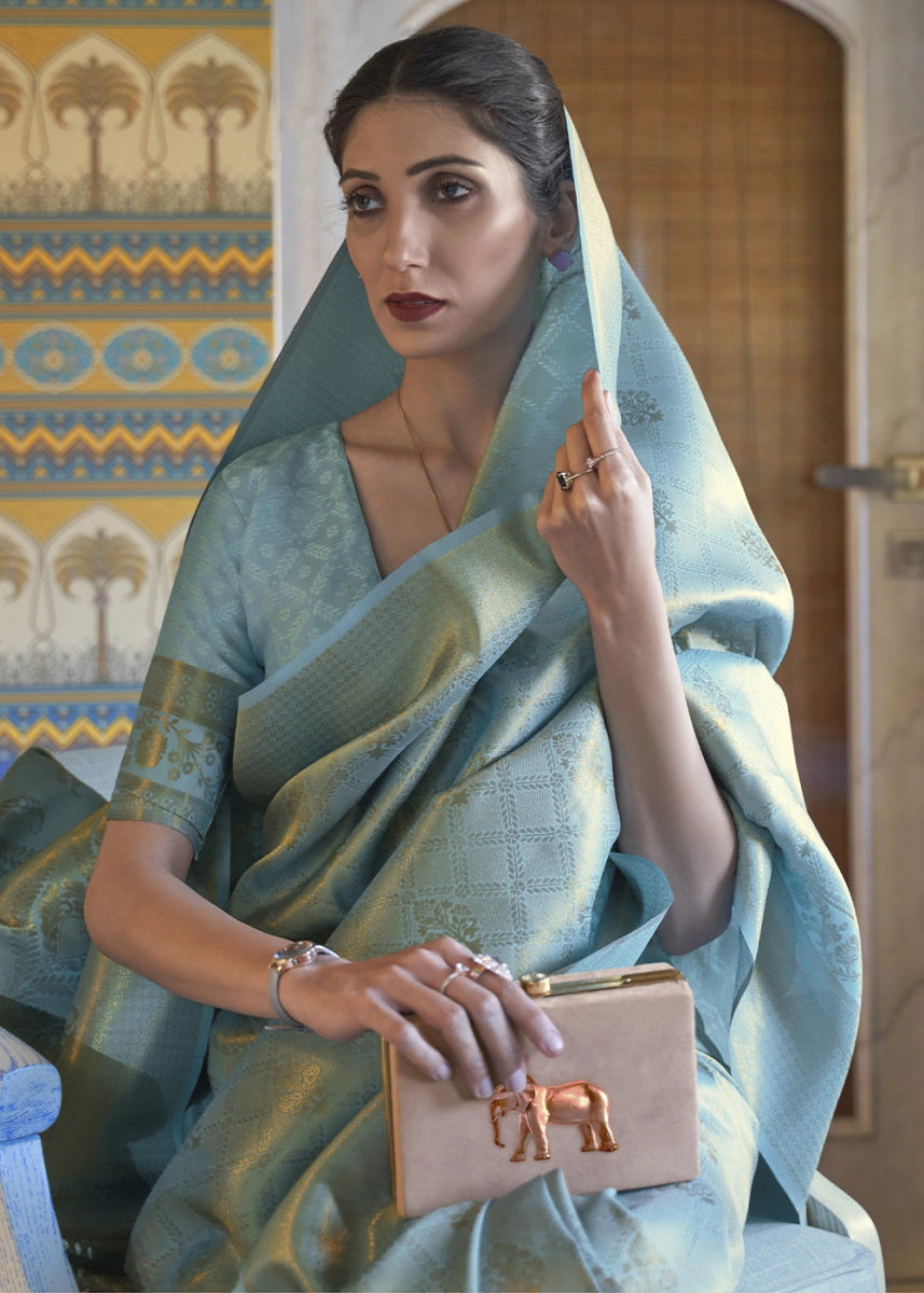Multi - Toned Blue Handloom Kanjivaram Silk Saree With Regal Finish - House of Sarvati LLC